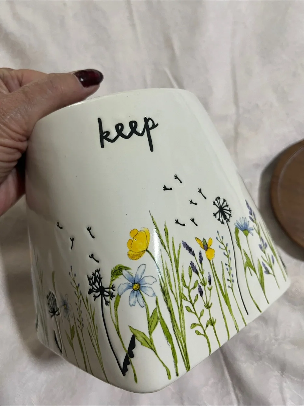“Keep” Rae Dunn Floral Wildflower Ceramic Jar with Brown Wood Lid, 6” H x 4” D